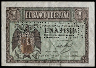 1938. Burgos. 1 peseta. (Ed. 427N). 28 de febreero. Serie B. "INUTILIZADO" en perforación. Escaso. MBC+.