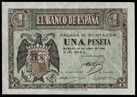 1938. Burgos. 1 peseta. 30 de abril. Serie N, última emitida. Esquinas rozadas. Manchita en margen inferior del reverso. Apresto original. Escaso. S/C...