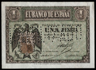 1938. Burgos. 1 peseta. (Ed. 428N). 30 de abril. Serie H. "INUTILIZADO" en perforación. Esquinas rozadas. Apresto original. Escaso. S/C-.