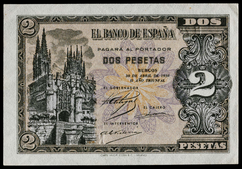 1938. Burgos. 2 pesetas. (Ed. 429b) (Pick 109a). 30 de abril. Serie N, última em...