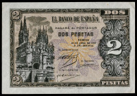 1938. Burgos. 2 pesetas. (Ed. 429b) (Pick 109a). 30 de abril. Serie N, última emitida. Leve doblez en esquina superior derecha que no atraviesa el dis...