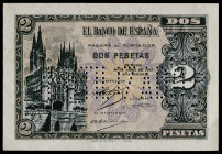 1938. 2 pesetas. (Ed. 429N). 30 de abril. Serie A. "INUTILIZADO" en perforación. Leve marca de manipulación descuidada en esquina inferior derecha. Ap...