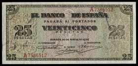 1938. Burgos. 25 pesetas. (Ed. 430) (Pick 111a). 20 de mayo. Serie A. Esquinas rozadas. Apresto original. Buen ejemplar. S/C-.