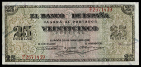 1938. Burgos. 25 pesetas. (Ed. 430b) (Pick 111a). 20 de mayo. Serie F, última emitida. Esquina inferior derecha rozada. Apresto original. Buen ejempla...