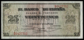 1938. Burgos. 25 pesetas. (Ed. 430N). 20 de mayo. Serie B. "INUTILIZADO" en perforación. Doblez central. Escaso. EBC+.