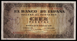 1938. Burgos. 100 pesetas. (Ed. 432) (Pick 113a). 20 de mayo. Serie A. Esquinas rozadas. Apresto original. Escaso así. S/C-.