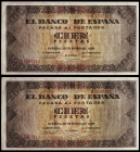 1938. Burgos. 100 pesetas. (Ed. 432) (Pick 113a). 20 de mayo. Pareja correlativa, serie A. Apresto original. Muy buenos ejemplares. Se entregan encaps...