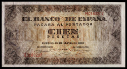 1938. Burgos. 100 pesetas. (Ed. 423a) (Pick 113a). 20 de mayo. Serie H, última emitida. Levísima ondulación central. Apresto original. EBC+.