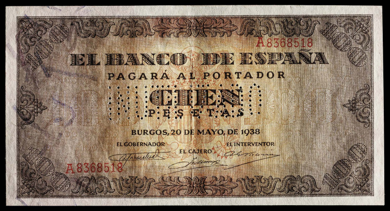 1938. Burgos. 100 pesetas. (Ed. 432N). 20 de mayo. Pareja correlativa, serie A. ...