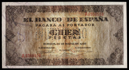 1938. Burgos. 100 pesetas. (Ed. 432N). 20 de mayo. Pareja correlativa, serie A. "INUTILIZADO" en perforación en ambos ejemplares. Doblez central. Leve...