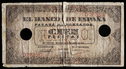 1938. Burgos. 100 pesetas. (Ed. falta) (Cobo 41b). 20 de mayo, serie D. Falso de época, "FALSO" en perforación y dos taladros de cancelación. Práctica...