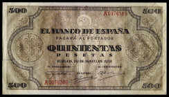 1938. Burgos. 500 pesetas. (Ed. 433) (Pick 114a). 20 de mayo. Serie A. Levísimo doblez en esquina superior derecha que no atraviesa el diseño. Apresto...