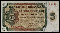 1938. Burgos. 5 pesetas. (Ed. 435) (Pick 110). 10 de agosto. Serie A. Apresto original. Muy buen ejemplar. S/C-.