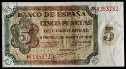 1938. Burgos. 5 pesetas. (Ed. 435b) (Pick 110). 10 de agosto. Serie M, última emitida. Estría propia del papel. Raro. S/C-.