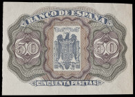 (1939). 50 pesetas. (Ed. NE47P) (Cobo P.EE 29a). Billete no emitido del que sólo existe la prueba de reverso. Se entrega encapsulado. S/C-.