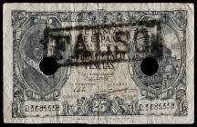 1940. 25 pesetas. (Ed. 436F) (Cobo 42a). 9 de enero, Juan de Herrera. Serie D. Falso de época. Tampón en tinta negra "FALSO" en anverso y doble taladr...