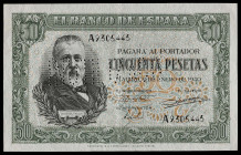 1940. 50 pesetas. (Ed. 437N). 9 de enero, Menéndez Pelayo. Serie A. "INUTILIZADO" en perforación. Doblez central. Ínfima reparación en esquina inferio...