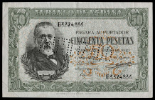 1940. 50 pesetas. (Ed. 437N). 9 de enero, Menéndez Pelayo. Serie B. "INUTILIZADO" en perforación. Doblez central y en esquina inferior izquierda. Esqu...