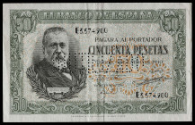 1940. 50 pesetas. (Ed. 437N). 9 de enero, Menéndez Pelayo. Serie E, última emitida. "INUTILIZADO" en perforación. Dobleces. Leve erosión superficial p...