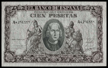 1940. 100 pesetas. (Ed. 438) (Pick 118a). 9 de enero, Colón. Serie A. Esquinas rozadas. Apresto original. Se entrega encapsulado. S/C-.