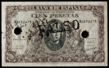 1940. 100 pesetas. (Ed. 438F) (Cobo 42c). 9 de enero, Colón. Serie A. Falso de época. Tampón en tinta negra "FALSO" en anverso y reverso y doble talad...