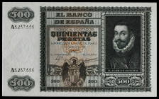 1940. 500 pesetas. (Ed. 439) (Pick 119a). 9 de enero, Juan de Austria. Serie A. Apresto original. Muy buen ejemplar. Se entrega encapsulado. Raro así....