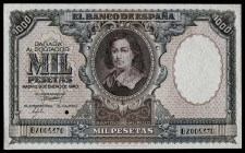 1940. 1000 pesetas. (Ed. 440P) (Cobo P.EE 35b, mismo ejemplar). 9 de enero, Murillo. Serie B. Billete de aprobación y muestra del anverso con marca de...