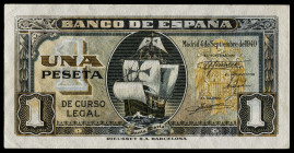 1940. 1 peseta. (Ed. 442) (Pick 122a). 4 de septiembre, "Santa María". Sin serie. Esquinas rozadas. Apresto original. S/C-.