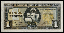 1940. 1 peseta. (Ed. 442b) (Pick 122a). 4 de septiembre, "Santa María". Serie I, última emitida. Esquina superior izquierda algo rozada. Apresto origi...