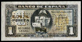 1940. 1 peseta. (Ed. 442N). 4 de septiembre, "Santa María". Serie G. "INUTILIZADO" en perforación. Doblez en esquina superior izquierda. Apresto origi...