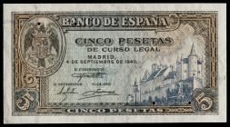 1940. 5 pesetas. (Ed. 443P) (Cobo P.EE 49a). 4 de septiembre, Alcázar de Segovia. Prueba de anverso y reverso sobre papel de la emisión. Numeración A0...