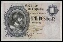 1940. 1000 pesetas. (Ed. 445M) (Cobo P.EE 52, mismo ejemplar). 21 de octubre, Carlos I. Prueba de anverso con colores no adoptados. Sin firma del caje...