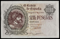 1940. 1000 pesetas. (Cobo 43b). 21 de octubre, Carlos I. Falso de época. Leves roturas en las zonas marginales del doblez central. (MBC+).