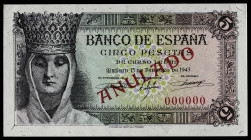 1943. 5 pesetas. (Ed. 446M). 13 de febrero, Isabel la Católica. Billete de muestra con numeración 0.000.000. Sobrecarga "ANULADO" en tinta roja en anv...