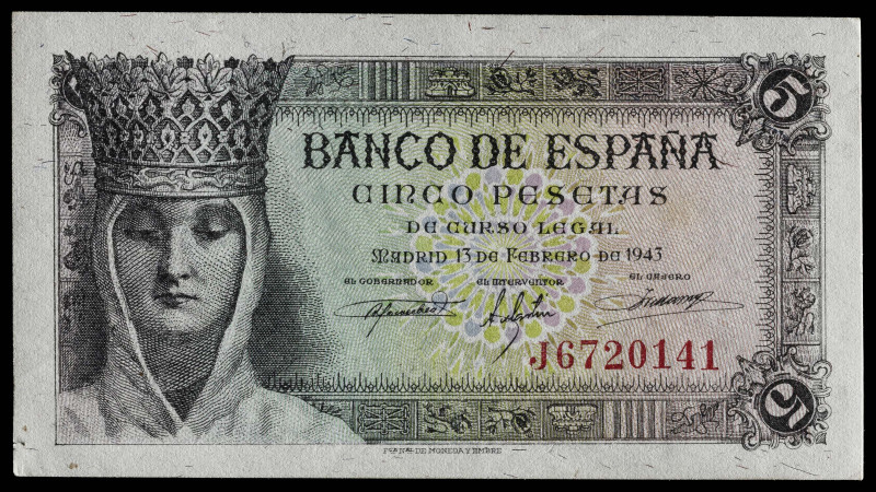 1943. 5 pesetas. (Ed. 446b) (Pick 127a). 13 de febrero, Isabel la Católica. Seri...