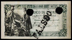 1945. 5 pesetas. (Ed. 449F) (Cobo 45). 15 de junio, Isabel y Colón. Falso de época sin serie ni numeración. Tampón "FALSO" en tinta negra en anverso. ...