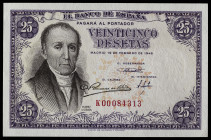 1946. 25 pesetas. (Ed. 450b) (Pick 130a). 19 de febrero, López Estrada. Serie K, última emitida. Numeración K00084313. Ínfima ondulación en esquina in...