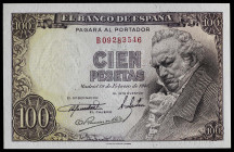 1946. 100 pesetas. (Ed. 451b) (Pick 131a). 19 de febrero, Goya. Serie B, última emitida. Apresto original. Muy buen ejemplar. S/C-.