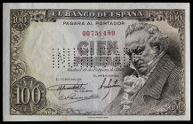 1946. 100 pesetas. (Ed. 451N). 19 de febrero, Goya. Sin serie. "INUTILIZADO" en perforación. Doblez central. Manchitas. Raro. EBC.