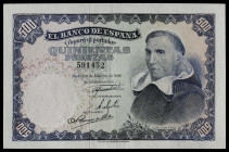 1946. 500 pesetas. (Ed. 452) (Pick 132a). 19 de febrero, Padre Vitoria. Planchado. Se entrega encapsulado. Raro así. (EBC+).