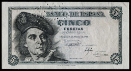 1948. 5 pesetas. (Ed. 455M var) (Pick 136sp). 5 de marzo, Elcano. Billete de muestra. Numeración 0.000.000- "NULO 14" en perforación. Doblez en esquin...