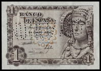 1948. 1 peseta. (Ed. 457N). 19 de junio, Dama de Elche. Sin serie. "INUTILIZADO" en perforación. Doblez transversal. Manchitas del tiempo. Apresto ori...