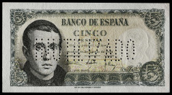 1951. 5 pesetas. (Ed. 459N). 16 de agosto, Balmes. Sin serie. Numeración 0000144. "INUTILIZADO" en perforación. Marca de clip en márgenes superior e i...