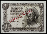 1951. 1 peseta. (Ed. falta). 19 de noviembre, Don Quijote. Billete de muestra. Numeración 0000000. Sobrecarga tipográfica "ANULADO" en rojo en anverso...