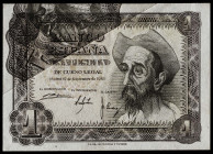 1951. 1 peseta. (J. A. Castellanos Er.P4). 19 de noviembre, Don Quijote. Error por exceso de papel. Parte del reverso replicado sobre el anverso. Dobl...