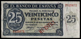 1936. Burgos. 25 pesetas. (Ed. falta). 21 de noviembre. Serie F. Sobrecarga tipográfica "MUESTRA" en rojo en anverso. Esquinas rozadas. Se entrega enc...