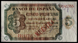 1938. Burgos. 5 pesetas. (Ed. falta). 10 de agosto. Serie J. Sobrecarga tipográfica "MUESTRA" en rojo en anverso. Estrías propias del papel. Apresto o...