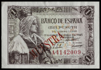 1945. 1 peseta. (Ed. falta). 15 de junio, Isabel la Católica. Serie A. Sobrecarga tipográfica "MUESTRA" en rojo en anverso. Leves marcas por manipulac...