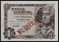 1948. 1 peseta. (Ed. falta). 19 de junio, Dama de Elche. Numeración 00000413. Sobrecarga tipográfica "MUESTRA" en rojo en anverso. Apresto original. M...