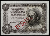 1951. 1 peseta. (Ed. falta). 19 de noviembre, Don Quijote. Sin serie. Numeración 0000019. Sobrecarga tipográfica "MUESTRA" en rojo en anverso. Marca d...